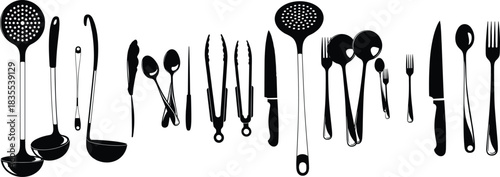 Diverse Collection of Cooking Tools, Including Ladles, Spoons, Knives, Forks, Tongs, and Slotted Spoons Vector Icons.