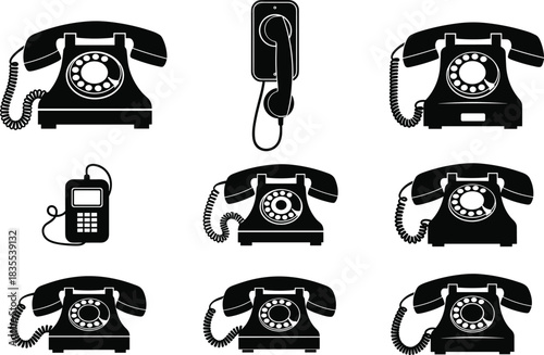 Collection of Retro Rotary Dial Phones, Corded Wall Phones, and Early Mobile Communication Devices Vector Icons for History and Communication.