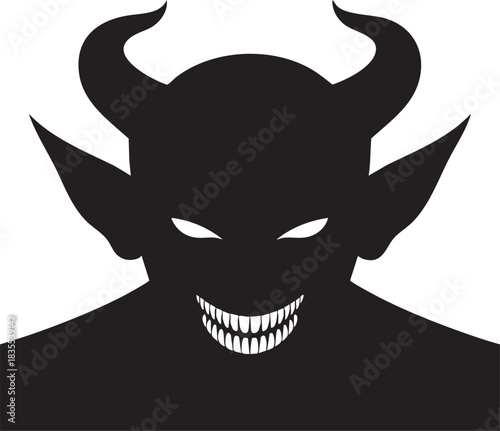 A black silhouette of a demonic figure with pointed ears, sharp horns, glowing white eyes, and a wide, toothy grin against a white background.
