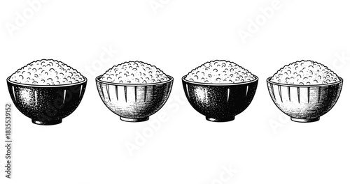 Black and white illustrations of four bowls of rice in a row