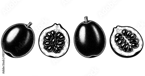 Whole and sliced passion fruit illustration with detailed seeds