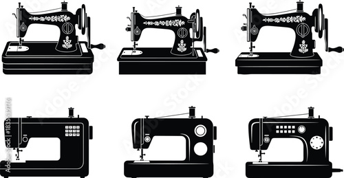 Diverse Set Including Vintage Rotary Hand Crank and Modern Electric Models Vector Icons for Tailoring, Crafting, and Textile Design.