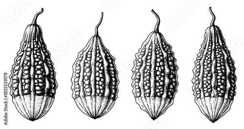 Hand-drawn bitter melon with detailed bumpy skin and stem