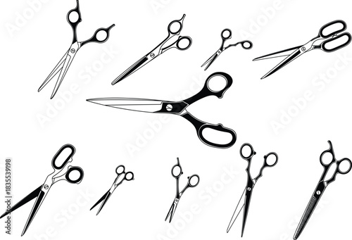 Diverse Set of Hairdressing, Tailoring, and Crafting Shears Vector Icons, Including Thinning and Cutting Tools.