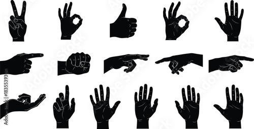 Set of black vector silhouettes of human hands showing various gestures like peace sign, thumbs up and pointing isolated on white