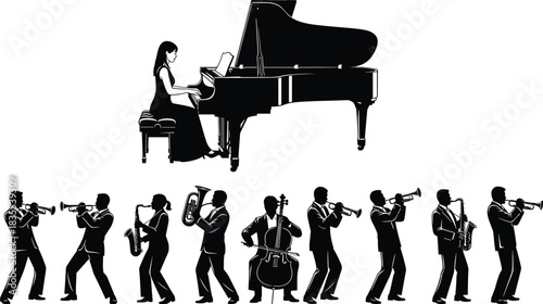 Set of black vector silhouettes of musicians including a female pianist and a jazz orchestra playing instruments on white background