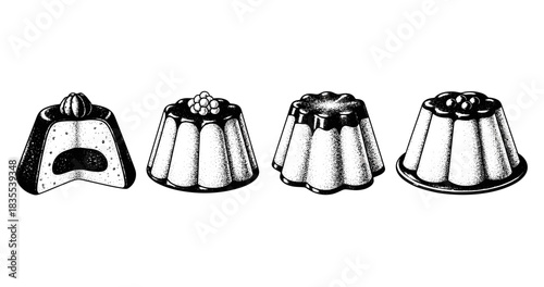 Black and white illustration of four vintage pudding desserts with retro style