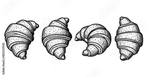 Detailed vintage croissant illustrations set on white background