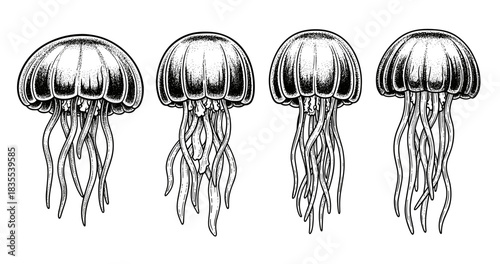 Vintage black and white illustration of jellyfish with detailed tentacles