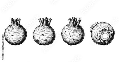 Black and white botanical illustration of celery root from various angles