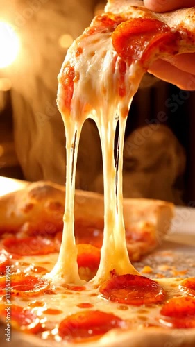 Hand pulling a slice of pepperoni pizza with melted cheese in a cozy kitchen setting