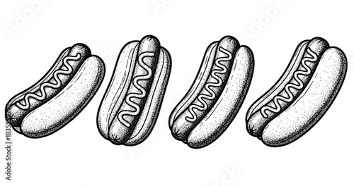 Vintage black and white ink illustrations of classic hot dogs with mustard