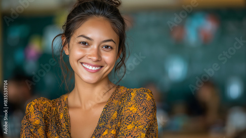 Joyful Young Woman in Casual Attire: Engaged Student Portrait with Vibrant Colors & Multicultural Vibe