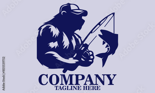 Anthropomorphic grizzly bear mascot fishing and wear a hat vector illustration and logo design
