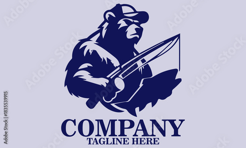 Anthropomorphic grizzly bear mascot fishing and wear a hat vector illustration and logo design