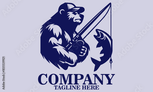 Anthropomorphic grizzly bear mascot fishing and wear a hat vector illustration and logo design