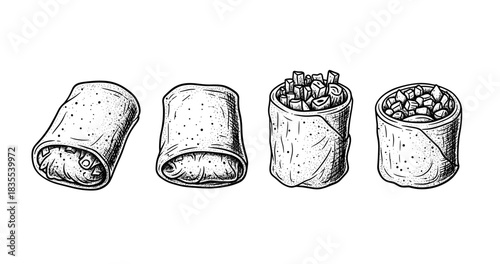 Hand-drawn burritos and fries: classic wraps and fries line art