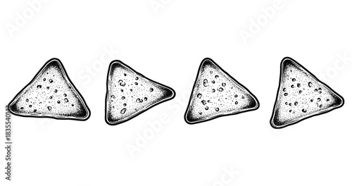 Hand-drawn triangular cheese nachos black and white illustration