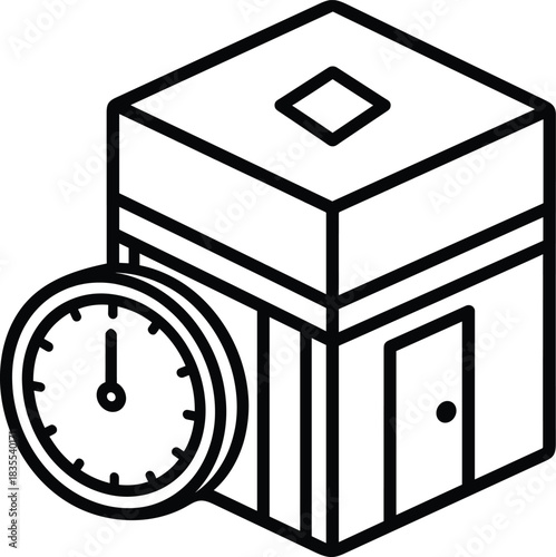 Outline kaaba muslim pray icon with clock shows qibla direction prayer times for mecca pilgrimage islamic worship