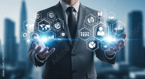 Businessman holding virtual interface screen showing business intelligence, data analysis, and global marketing strategy concept
