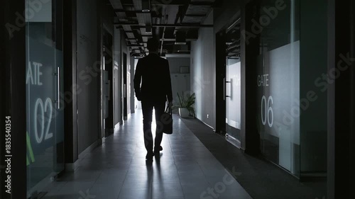 Silhouette of businessman in business suit walking down office corridor after work and meetings with briefcase in his hand. Rare back view man employee from behind towards the exit of the building