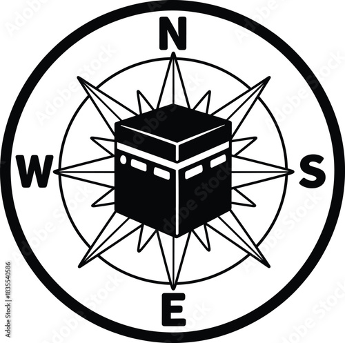Qibla direction compass with kaaba for muslim pray icon in mecca, hajj and umrah pilgrimage vector symbol