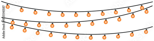 Three strands of orange string lights hanging against a white background in a decorative arrangement , glowing holiday lights garland bulbs, twinkling fairy lights glow