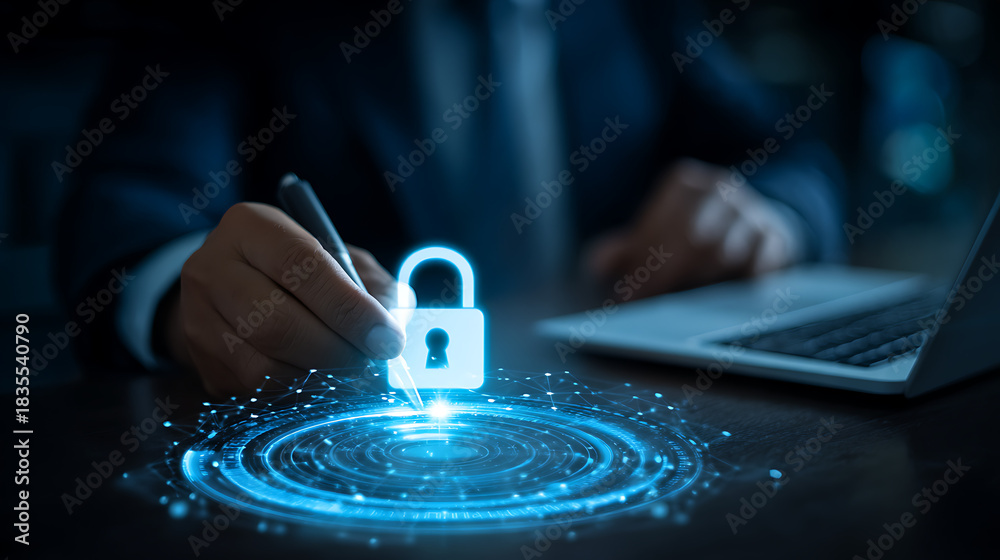 Obraz premium Businessman interacting with digital security padlock and network image