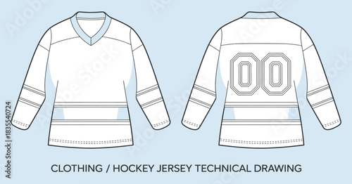 Hockey Sports Jersey Tee Technical Drawing, Detailed Apparel Blueprint Vector for Fashion Designers Creating Uniform Templates, Garment Construction Guides, and Sportswear Design Projects