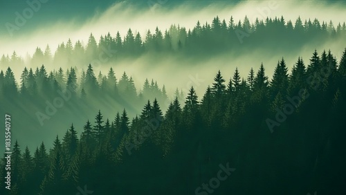 Dense evergreen forest landscape shrouded in mist under a tranquil sky