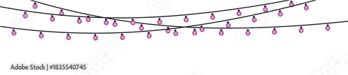 A set of three black string lights with multiple pink bulbs hanging against a white background space , glowing holiday lights garland bulbs, twinkling fairy lights glow