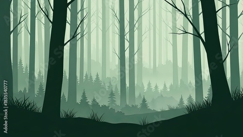 Dense forest silhouette illustration with misty background and tall trees