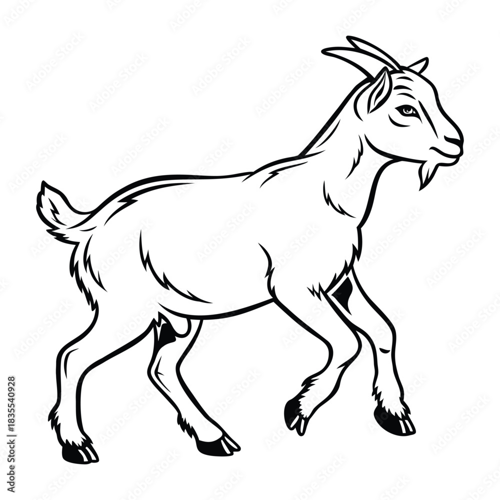 Fototapeta premium Detailed line drawing of a goat walking side profile isolated on white, farm animal vector art Vector
