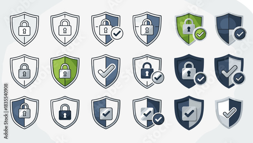 Vector illustration set of security shield icons with padlocks checkmarks depicting cyber and data privacy