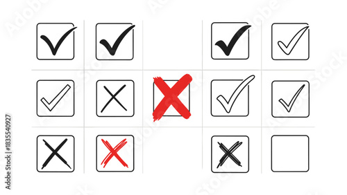 Collection of diverse checkbox symbols with check marks and red crosses representing choices isolated on white background