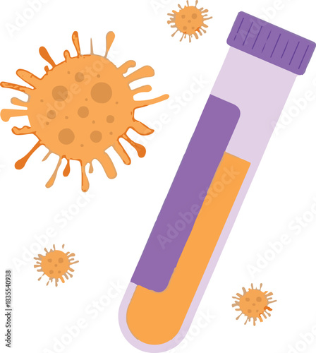 Illustration of a test tube with orange liquid and purple cap, surrounded by stylized orange virus particles on a white background.