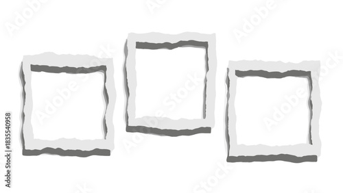 Three empty square frames with torn edges isolated on white background for design template