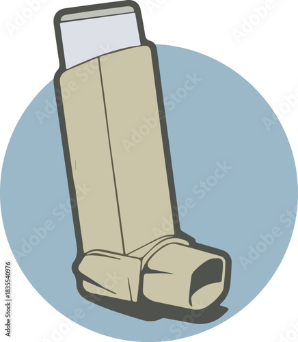 Illustration of a beige asthma inhaler against a light blue circular background, depicting medical equipment.
