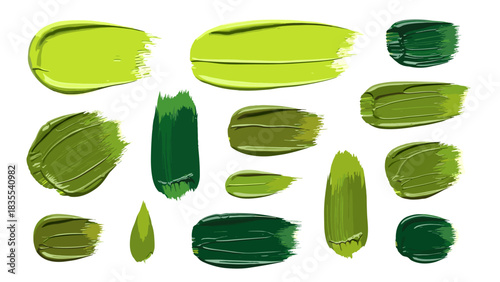 Vibrant green paint brush strokes collection diverse shades textures art palette isolated on white background