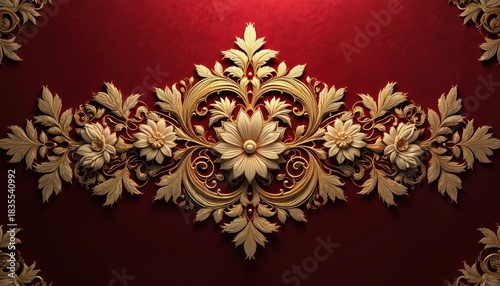 Ornate golden floral relief on deep red velvet. Intricate filigree swirls and flower blooms create a luxurious, vintage backdrop. Perfect for decorative borders, invitations, or opulent designs.