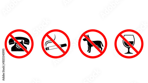 Collection of common forbidden symbols indicating no phones smoking pets or drinking isolated on white background