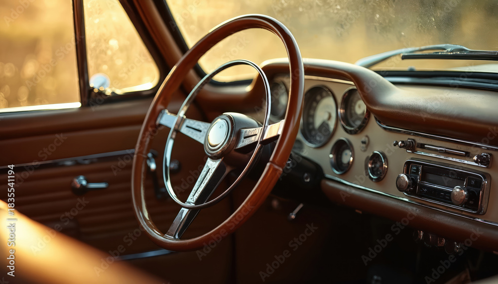 Fototapeta premium Close up photo of an antique car interior. The vintage vehicle has a wooden steering wheel and a classic dashboard. Retro auto design elements are prominent showing style and design.