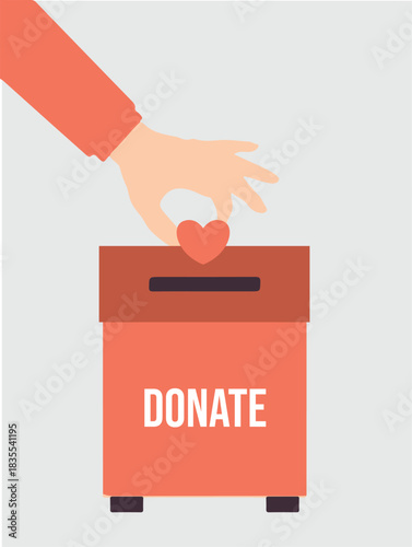 A hand places a heart into a donation box with the word "DONATE" on it, symbolizing charity and giving.