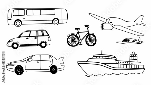 Illustration of various modes of transportation including cars bus airplane ship and bicycle line art style mjunaid silhouette