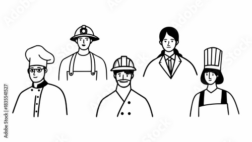 Illustration of diverse professionals including a chef, firefighter, engineer, doctor, and baker in line art mjunaid silhouette