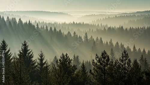Panoramic view of a misty forest with sunlight shining through trees