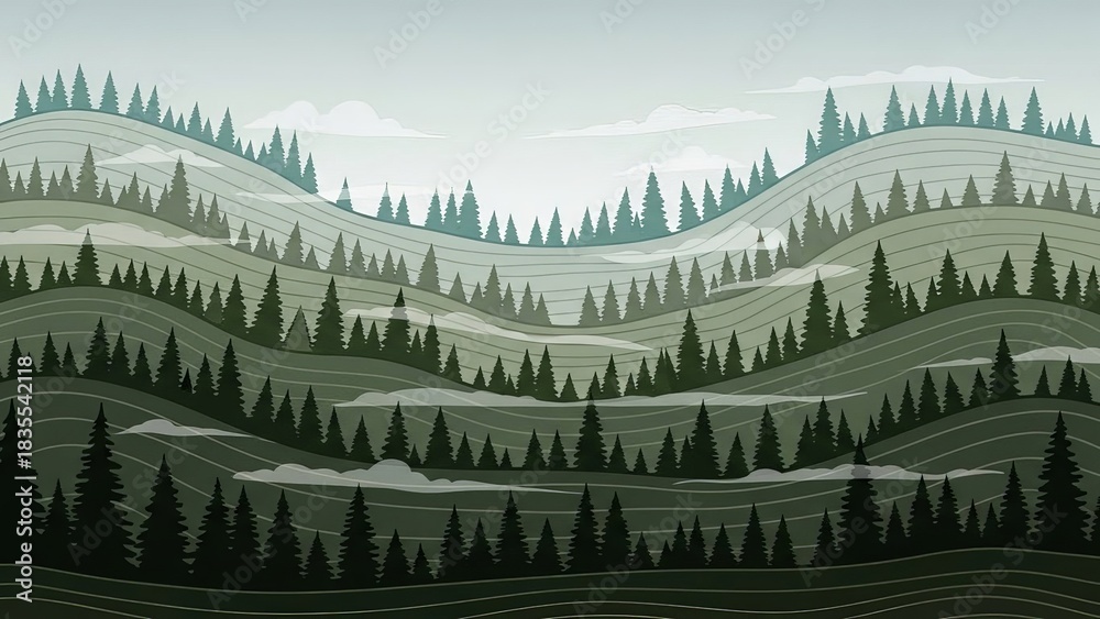 Fototapeta premium Stylized landscape illustration of rolling hills and evergreen trees