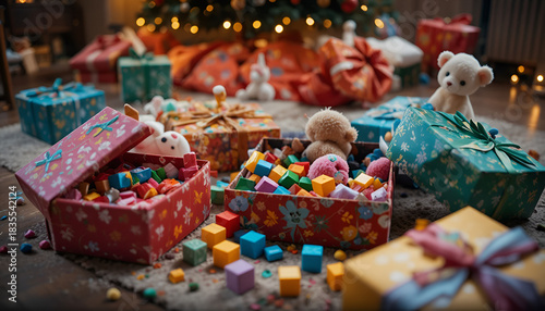 Child’s POV of Half-Opened Christmas Gift Boxes with Toys