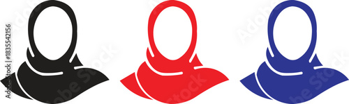 Hijab Woman Icon Set — Muslim Female Avatar Silhouettes in Black, Red and Blue Colors, Islamic Woman Symbol for Diversity, Culture, Identity and User Profile Graphics