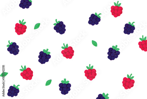 Pink background with scattered red raspberries and blueberries